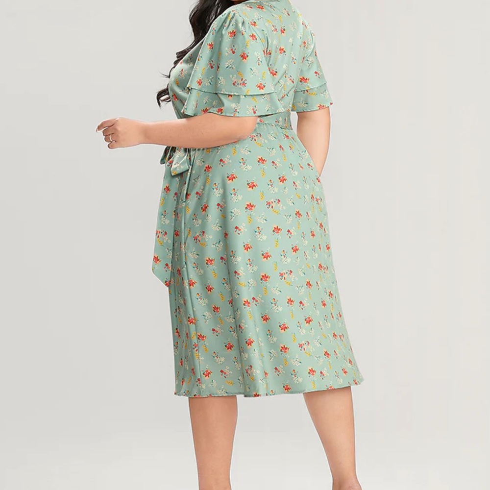 Floral Printed Ruffle Sleeve Pocket Belted Midi Dress - Picture 2 of 3